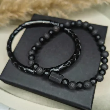 Bransoletka męska turmalin lawa wulkaniczna talizman amulet ochrona siła + skóra naturalna